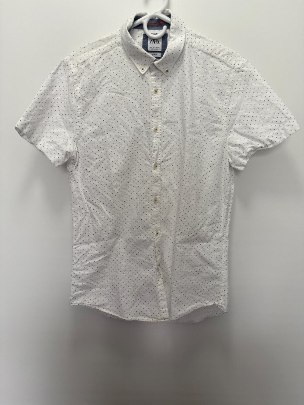 Zara Man Shirt White Polka Dot Short Sleeve Slim Fit Button Down Men's Size L